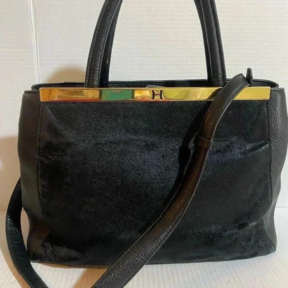 Halston calf fur & leather satchel handbag